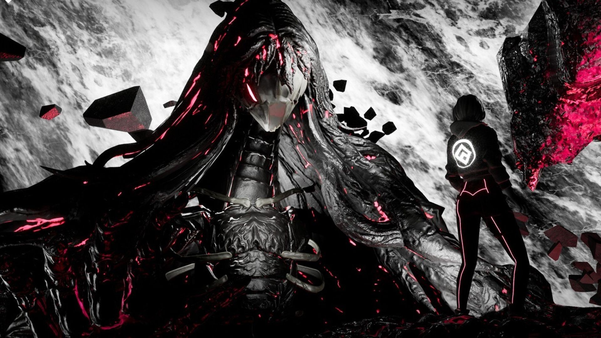 A woman stands with her back to the camera in the foreground as a giant puppet-like woman peers over the edge of a cliff facing her. They are in battle. A screenshot from The Time I Have Left.