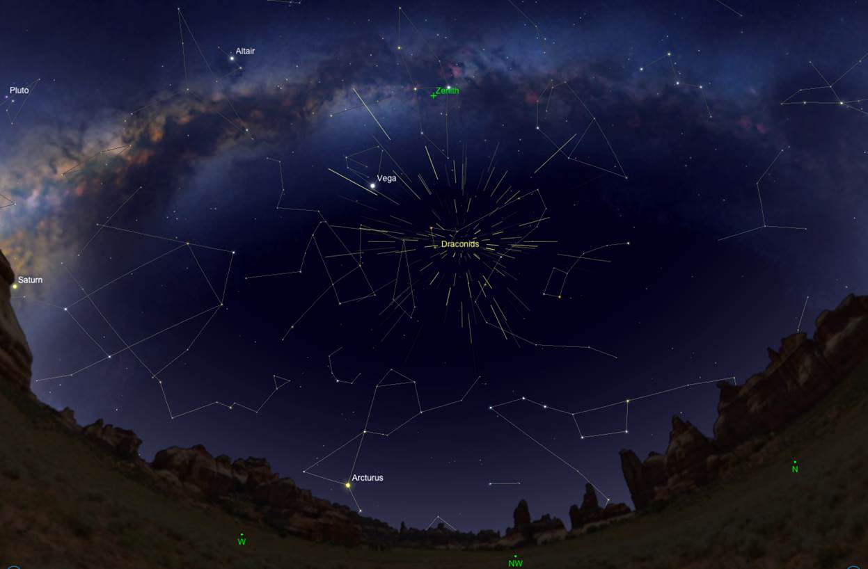 A graphic showing the Draconid meteors radiating from a point of sky in the constellation Draco, the dragon.