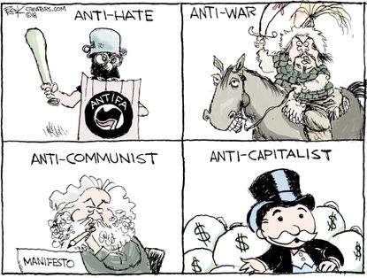 Political cartoon U.S. Anti-hate anti-war anti-communist anti-capitalist opposites
