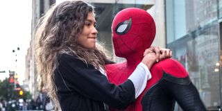 Spider-Man Far From Home Zendaya Tom Holland MJ arms around Spider-Man