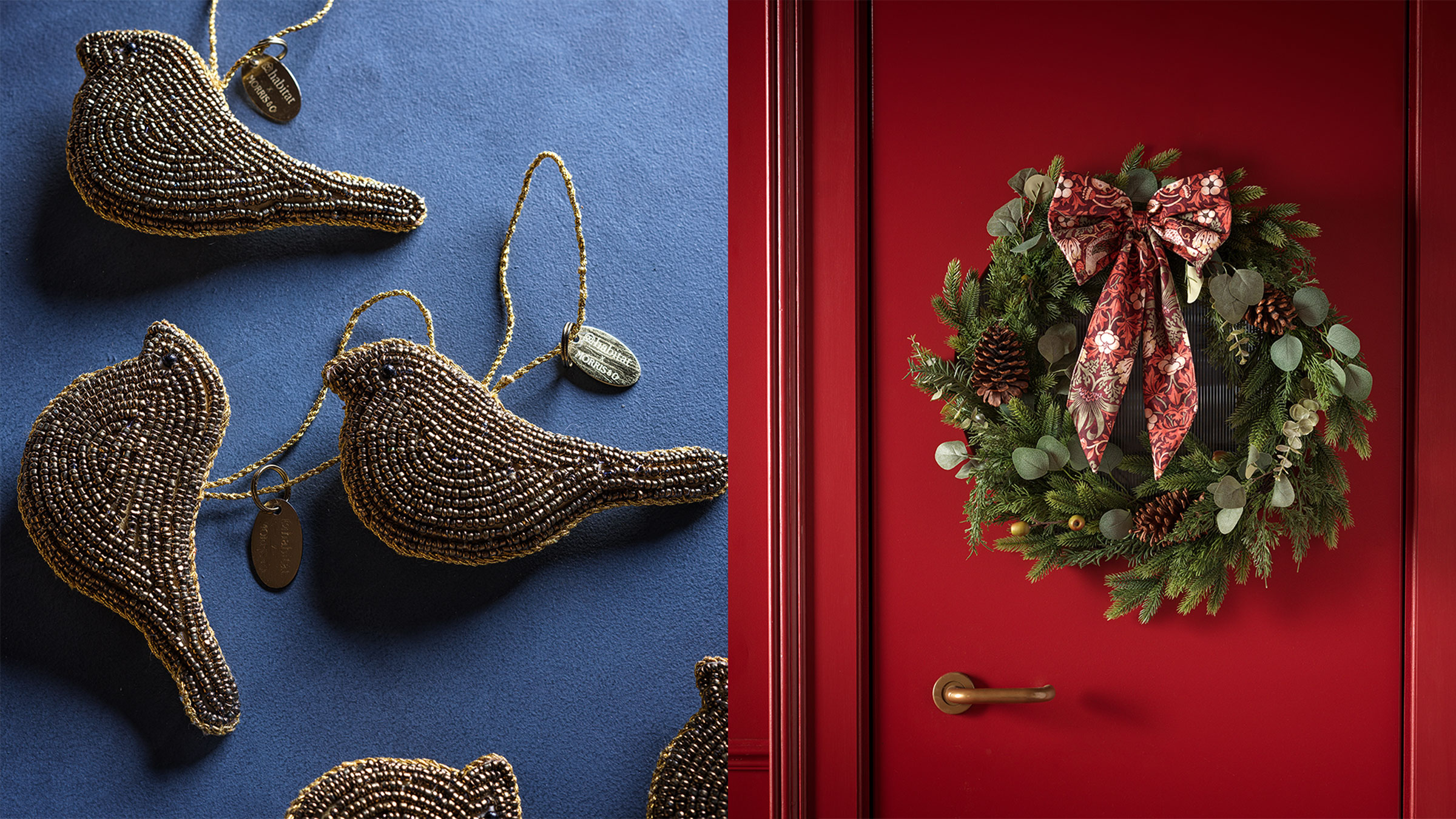 Red door with wreath with red bow and a blue background with gold beaded bird decorations
