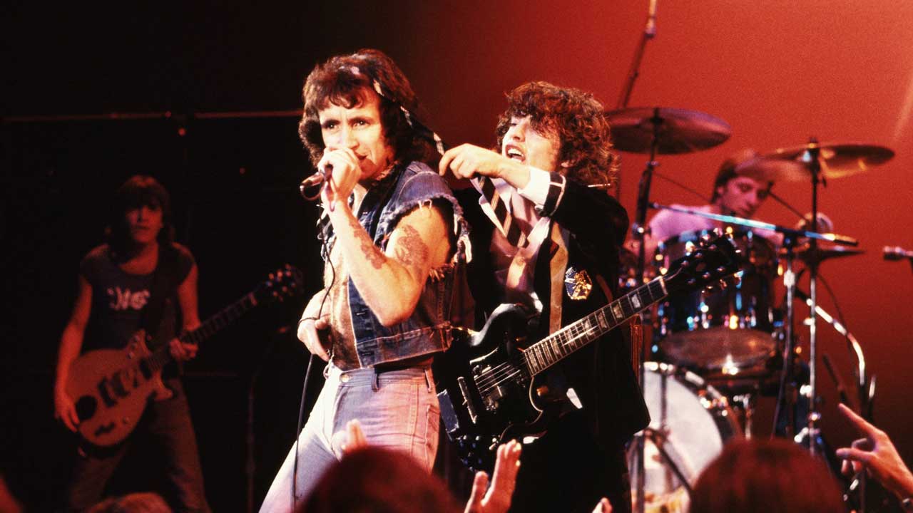 Bon Scott and Angus Young onstage in Hollywood, California, circa 1977