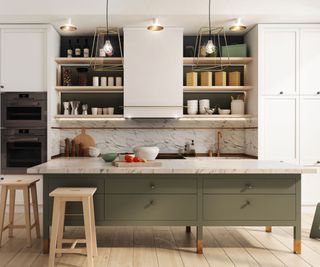 A luxury kitchen with a green island with a marble top