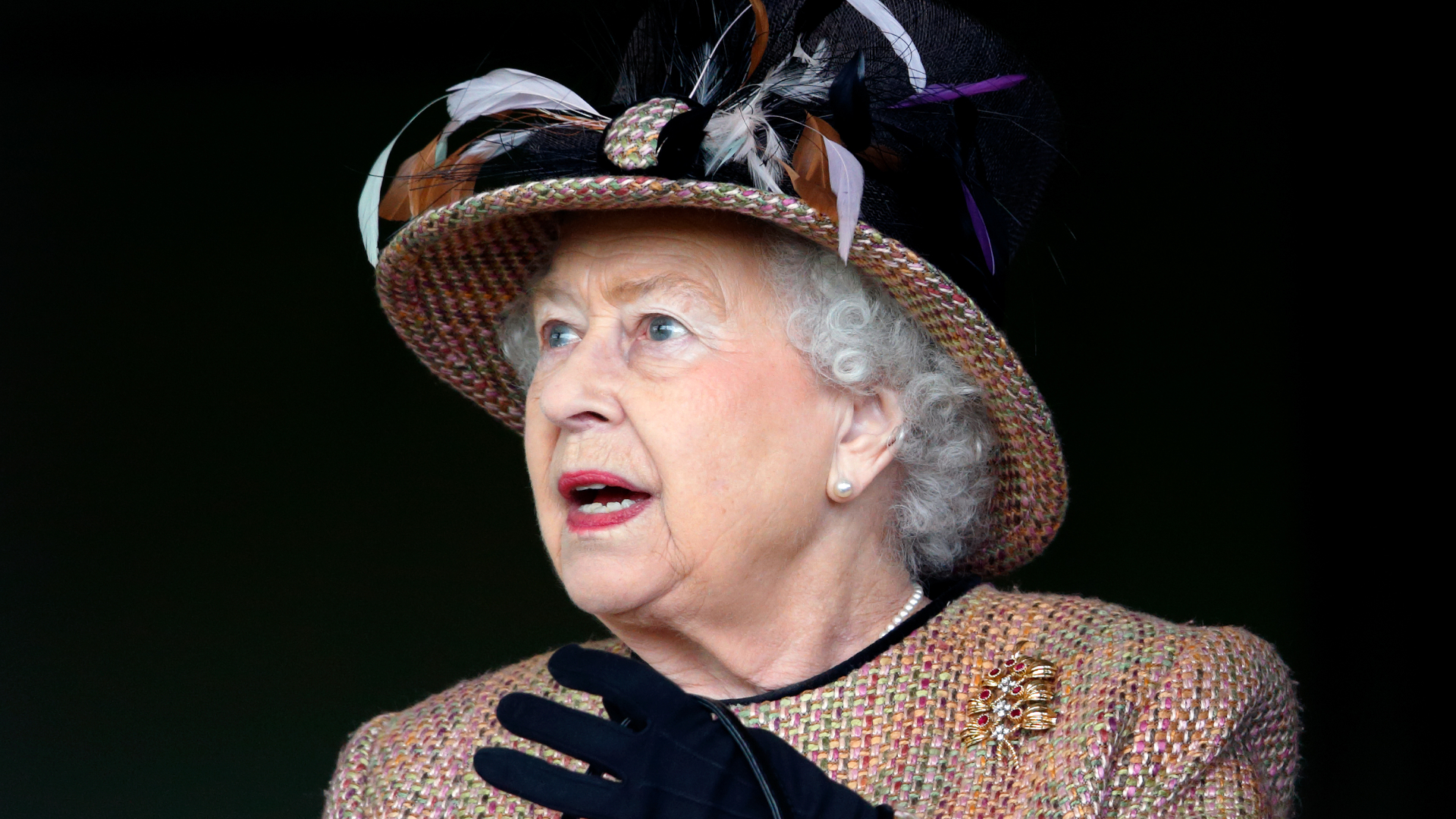 Queen Elizabeth looks shocked while wearing black gloves and a large embroidered hat