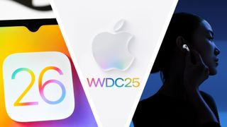 A mockup of iOS 26 on a phone next to the Apple WWDC 2025 logo and a woman wearing AirPods