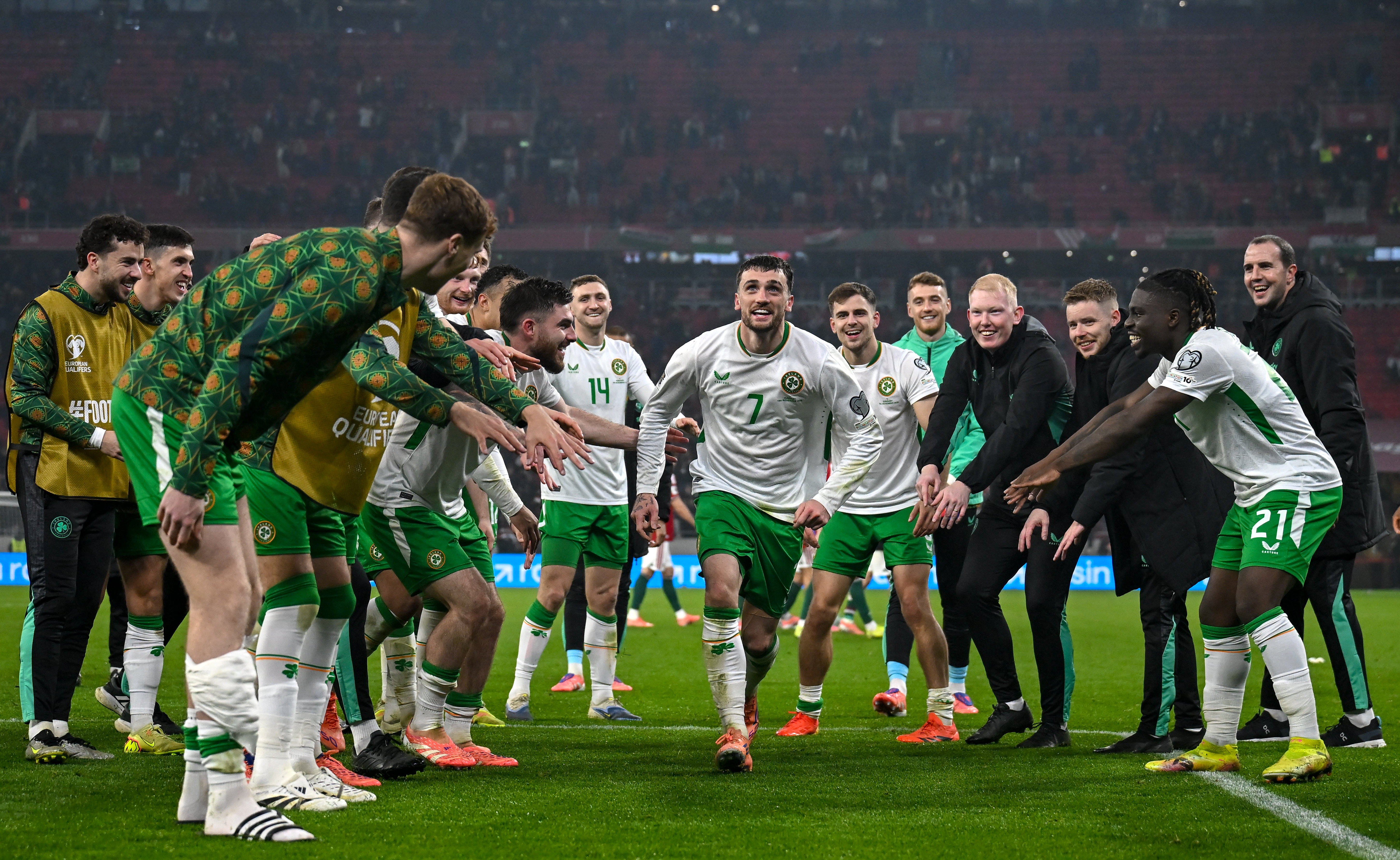 Hungary , Hungary - 16 November 2025; Troy Parrott of Republic of Ireland celebrates with teammates after the FIFA World Cup 2026 Group F Qualifier match between Hungary and Republic of Ireland at Pusk&amp;aacute;s Ar&amp;eacute;na in Budapest, Hungary. (Photo By Stephen McCarthy/Sportsfile via Getty Images)