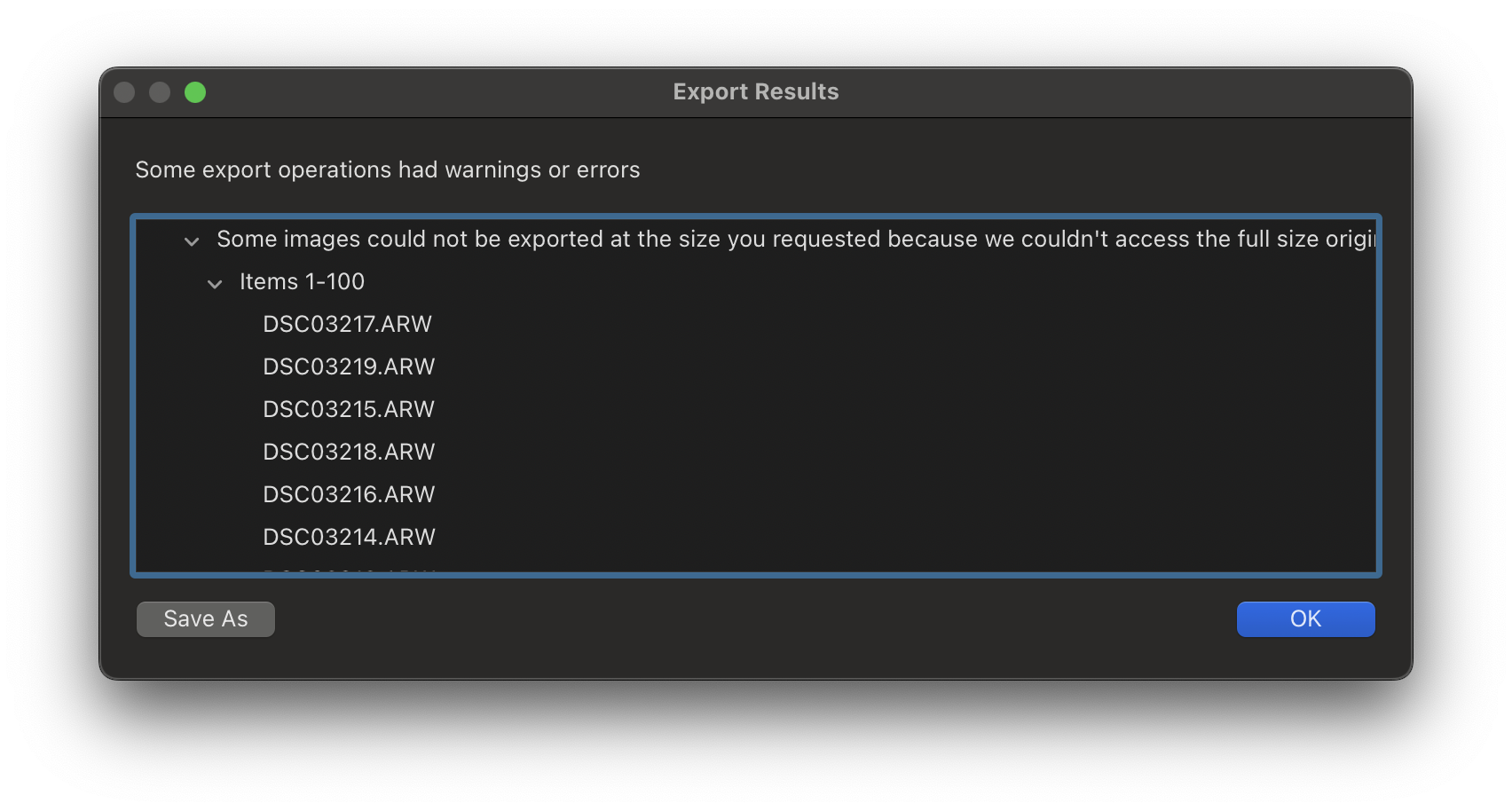 Lightroom error message