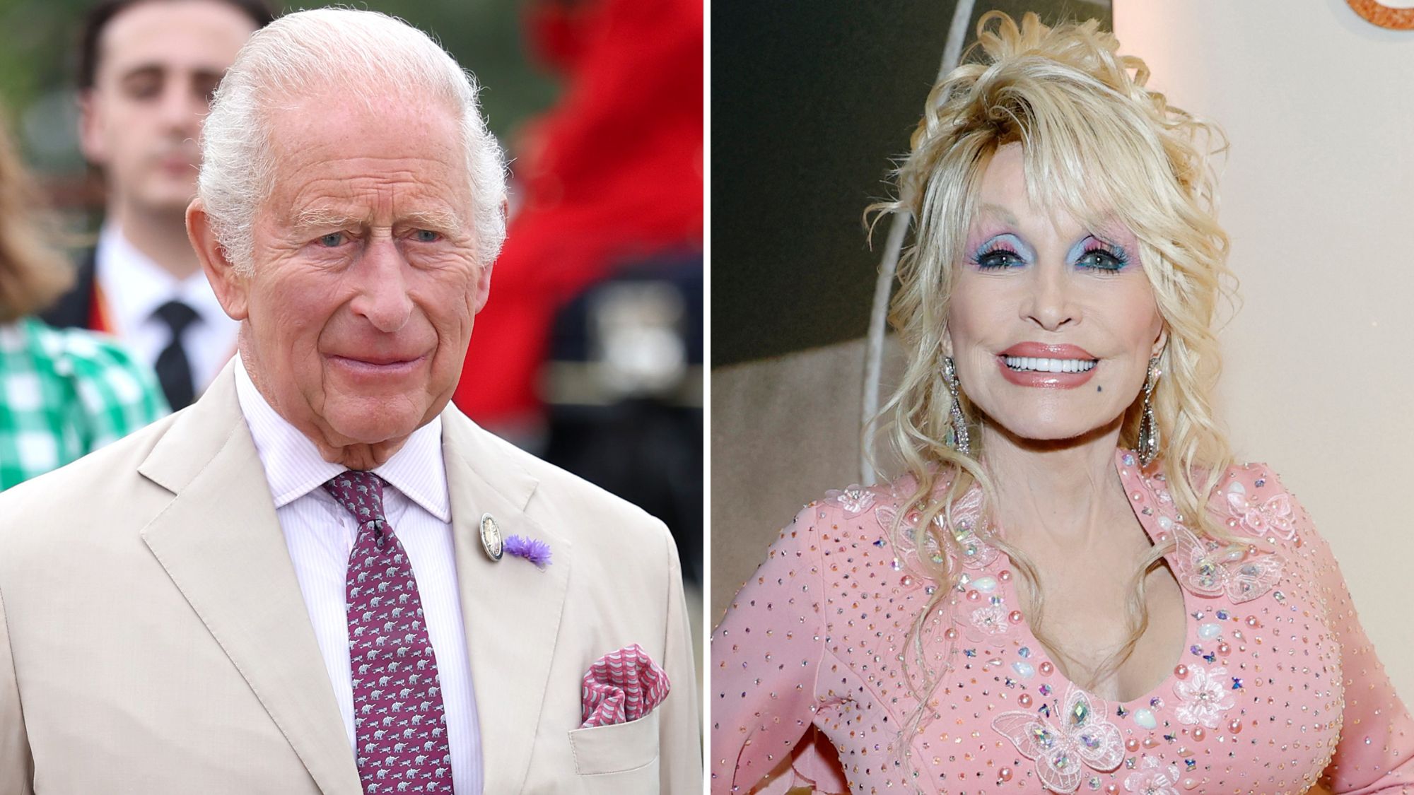 A composite of a picture of King Charles at the 2026 RHS Sandringham Flower Show and a picture of Dolly Parton at the opening of Country Music Hall of Fame&reg; and Museum's new exhibit 'Dolly Parton: Journey of a Seeker' 