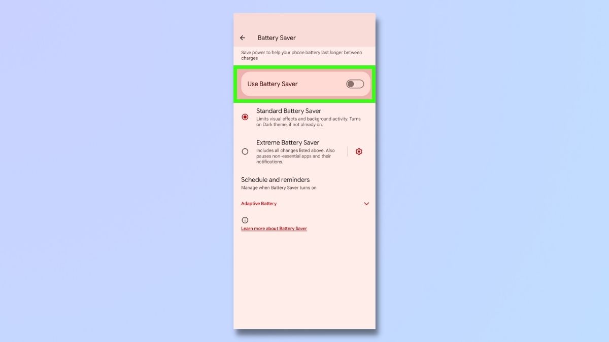 Captura de pantalla que muestra cómo optimizar su teléfono Android para juegos: desactivando el ahorro de batería