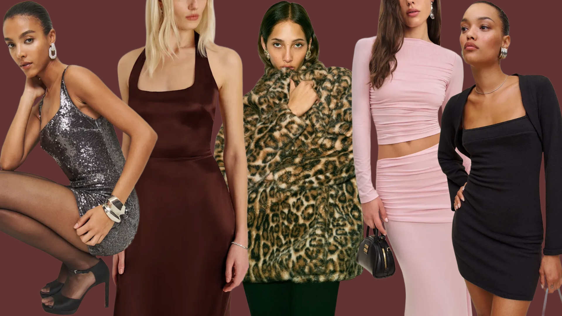 Reformation models wearing holiday dresses on brown background 