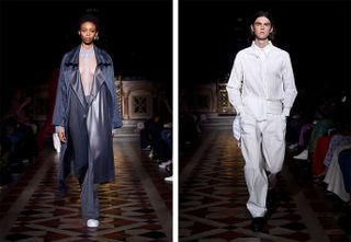 Sharon Wauchob S/S 2019 - Models wearing blue trench and trousers, white shirt and trousers