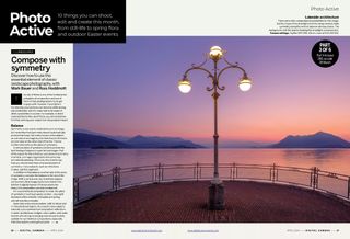 Opening two pages of Digital Camera magazine's April 2024 photo technique section, about using symmetry in landscape photography