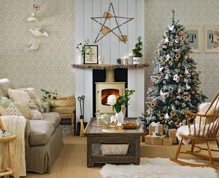Living room with woodburning stove and Christmas decorations