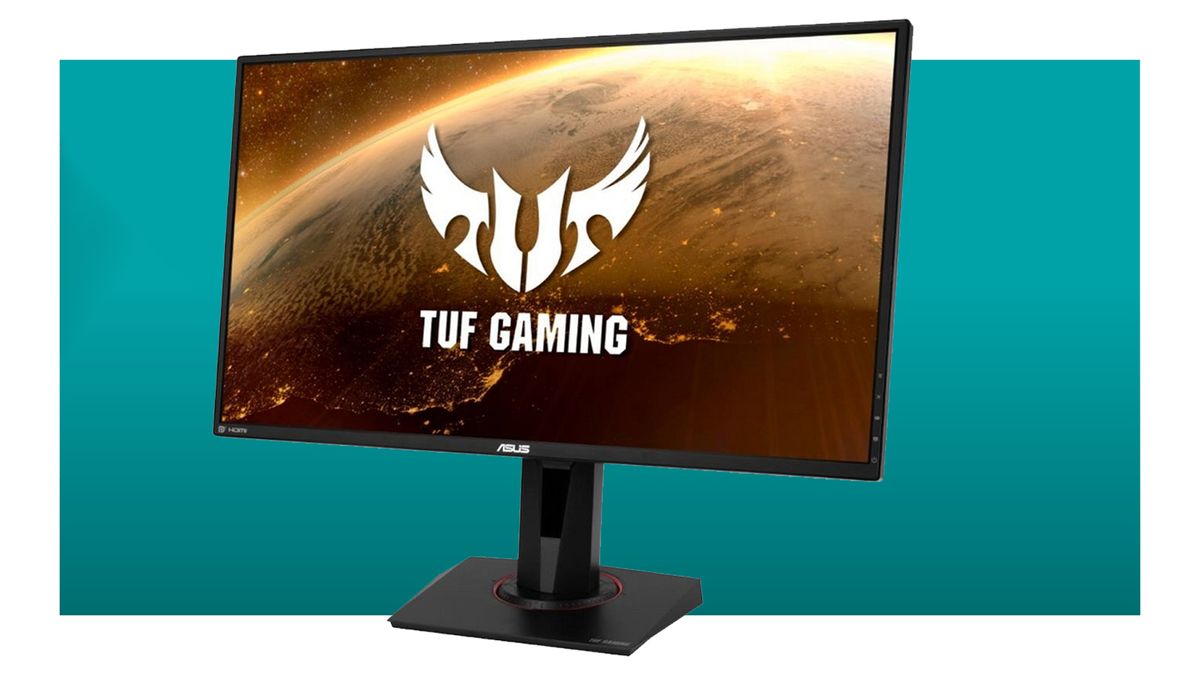 Asus TUF Gaming VG27AQ three quarter view on blue