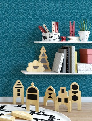 Wallpaper in teal with floating shelves