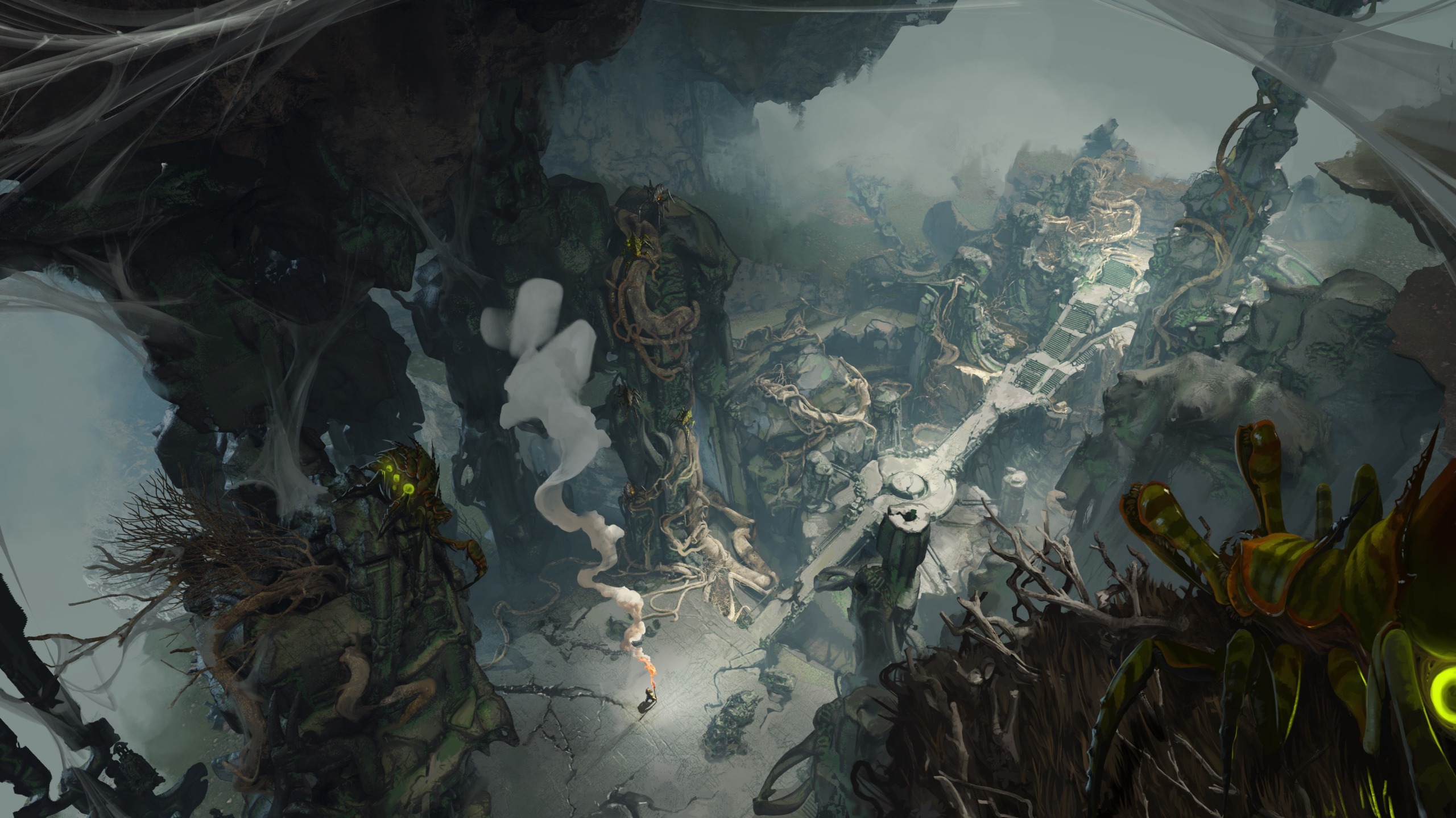 Guild Wars 3 concept art showing Dhumm, a gloomy cave filled with winding paths and overgrown roots
