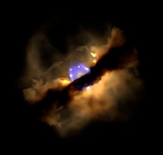 Another 3D simulation view of the hot, young protostar W75N(B)-VLA2. The massive star is about 4,200 light-years from Earth and surrounded by a vast disk of material that stretches out 185 times the distance between the Earth and its sun.