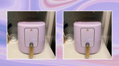 A picture of the Beautiful by Drew Barrymore air fryer repeated on purple swirled background