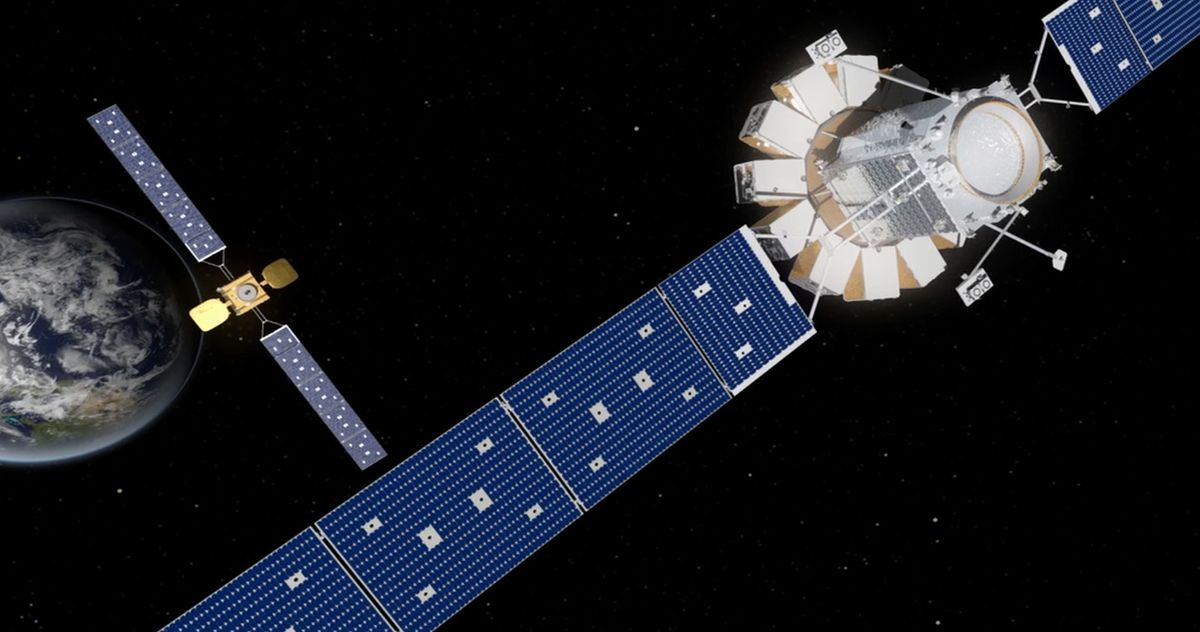 An artist's illustration of Northrop Grumman's MEV-1 servicing spacecraft chasing down the Intelsat 901 communications satellite.