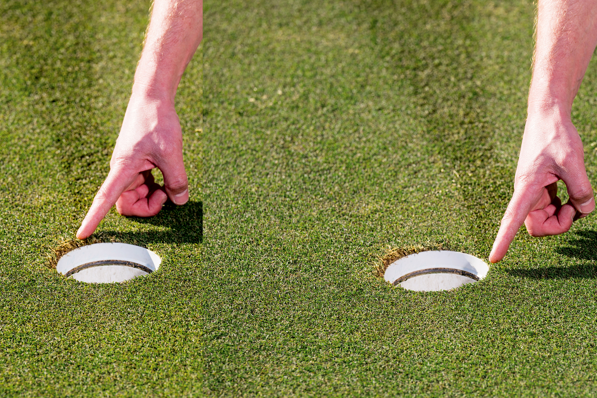 Anders Mankert pointing to the hole on the green, on the left image towards the grain moving away from the cup and in the right image towards the grain moving into the cup