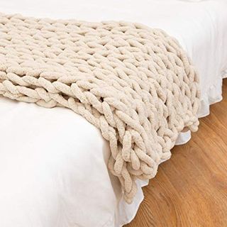 Ruankenshop Knitted Blanket Chunky Knit Throw Chunky Knitted Blanket Knit Blanket Grey Throws for Sofa Large Knitted Bed Throw Blankets for Beds 80x100,beige