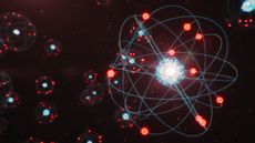 Conceptual image of an atom &ndash; a bright nucleus with red atoms around it, and lines indicating the electrons' path