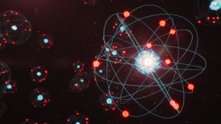 Conceptual image of an atom – a bright nucleus with red atoms around it, and lines indicating the electrons' path
