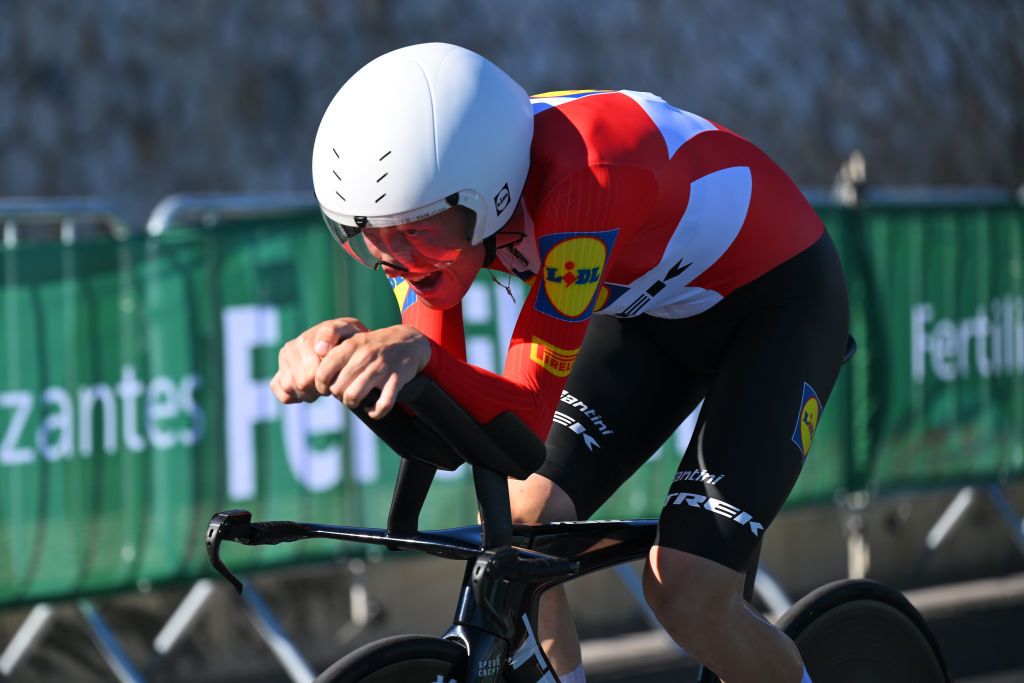 OEIRAS PORTUGAL AUGUST 17 Mattias Skjelmose Jensen of Denmark and Team Lidl Trek sprints during the 79th La Vuelta Ciclista a Espana 2024 Stage 1 a 12km individual time trial stage from Lisbon to Oeiras UCIWT on August 17 2024 in Oeiras Portugal Photo by Tim de WaeleGetty Images