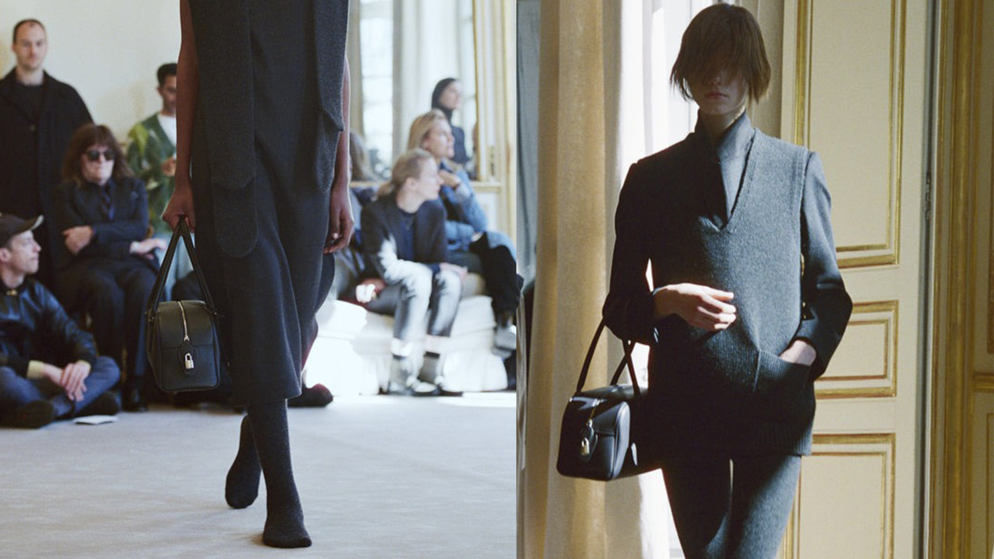 Two The Row models at the winter 2025 show carrying the new E/W India Bag.