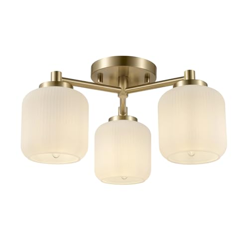 Globe Electric 3-Light Flush Mount Ceiling Light, Brass, Frosted Ribbed Glass Shade, Updated Traditional Style for Home Lighting