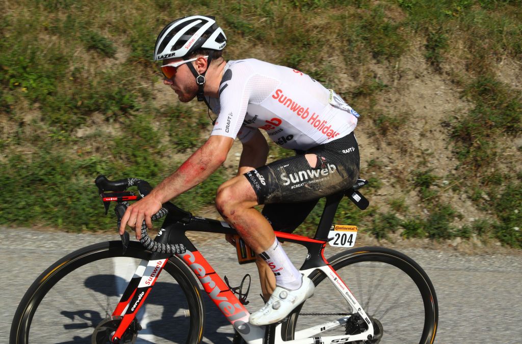 LA ROCHESURFORON FRANCE SEPTEMBER 17 Marc Hirschi of Switzerland and Team Sunweb Crash Injury during the 107th Tour de France 2020 Stage 18 a 175km stage from Mribel to La Roche sur Foron 543m TDF2020 LeTour on September 17 2020 in La RochesurForon France Photo by Michael SteeleGetty Images