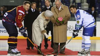 HRH Queen Elizabeth II throws in the puck to start an ice hockey match between Aqua City Poprad and Guildford Flames at the ice hockey stadium on the second day of a tour of Slovakia on October 24, 2008 in Bratislava, Slovakia. The Queen and the Duke are on a two day tour of Slovakia at the invitation of President Ivan Gasparovic.