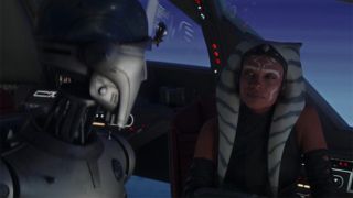Still from the Star Wars T.V. series Ahsoka, season 1, episode 3. Ahsoka discusses Sabine's training with Huyang.