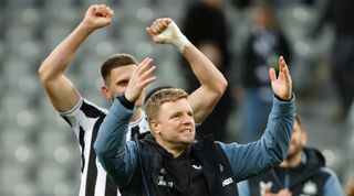 Newcastle United manager Eddie Howe celebrates victory after the Premier League match between Newcastle United and Fulham on 15 January, 2023 at St. James' Park in Newcastle upon Tyne, United Kingdom.