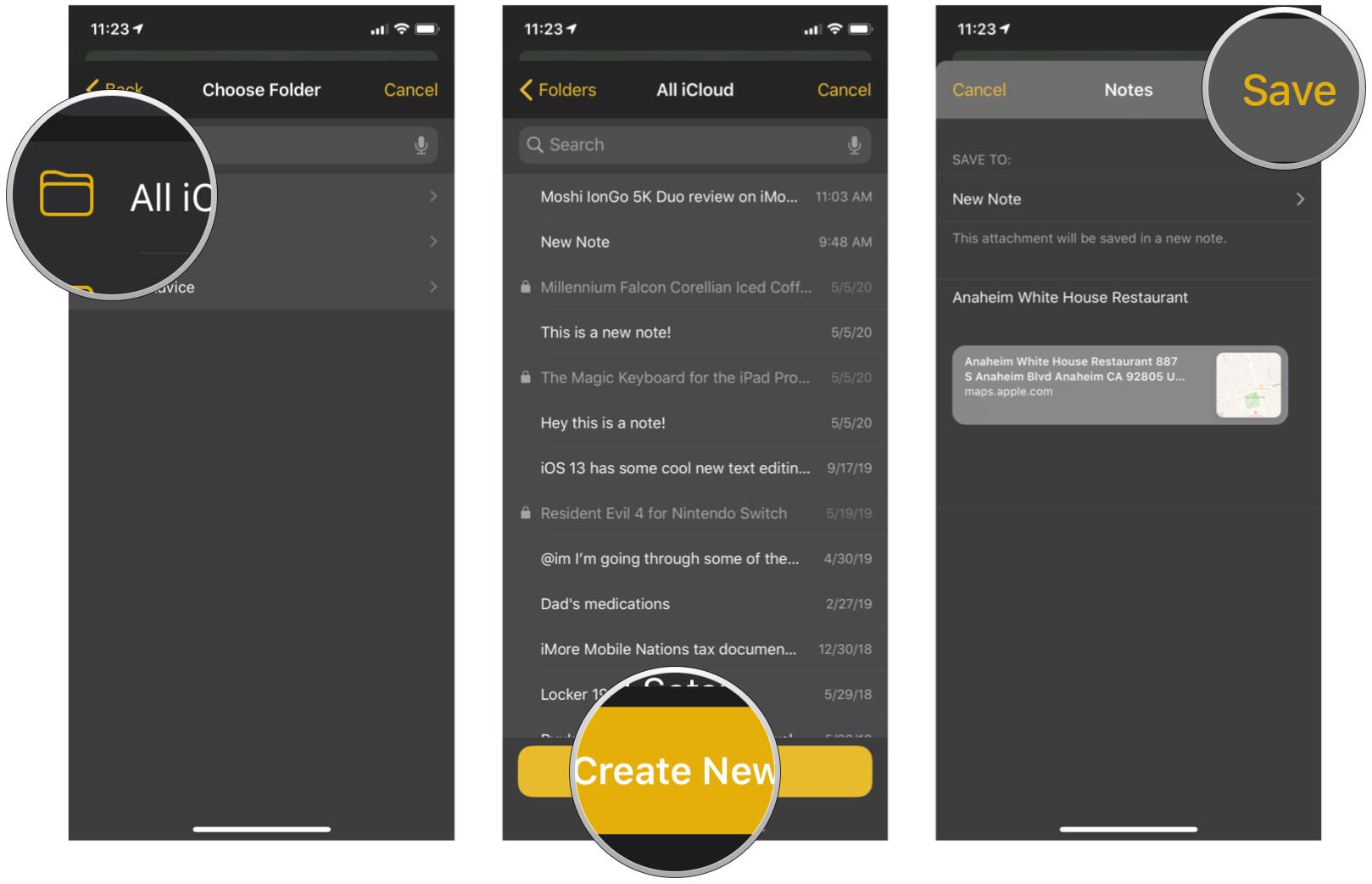 Send a location from Maps to Notes by showing steps: Select your folder to save to, choose an existing note to append to or create a new note, then type in text for note, then tap Save