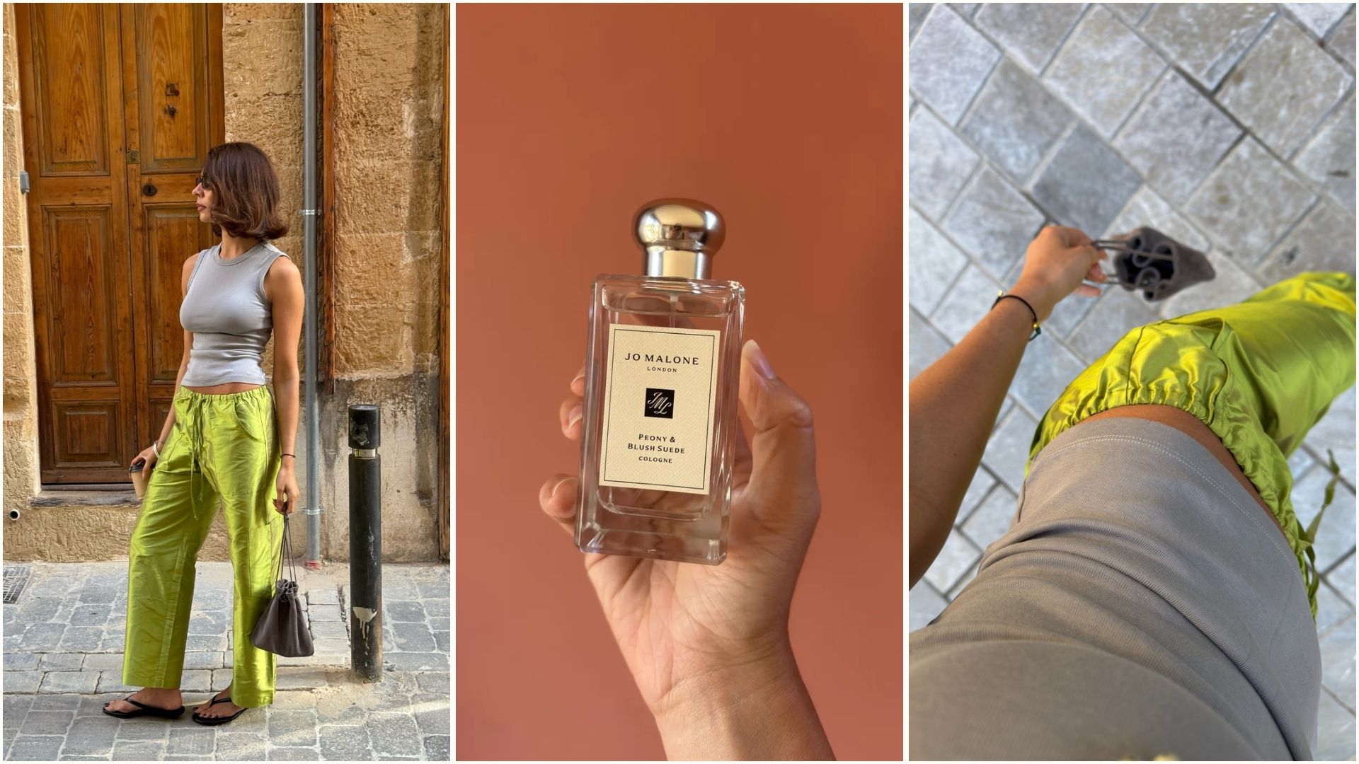 A collage of Marianne Smyth wearing bright green trousers and a picture of a Jo Malone London apple perfume