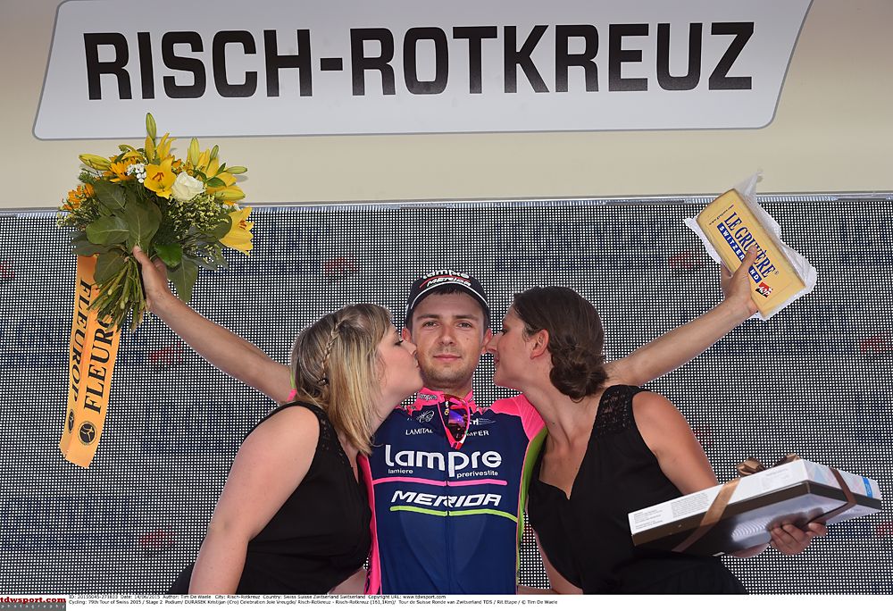 Kristijan Durasek (Lampre-Merida) on the stage 2 podium