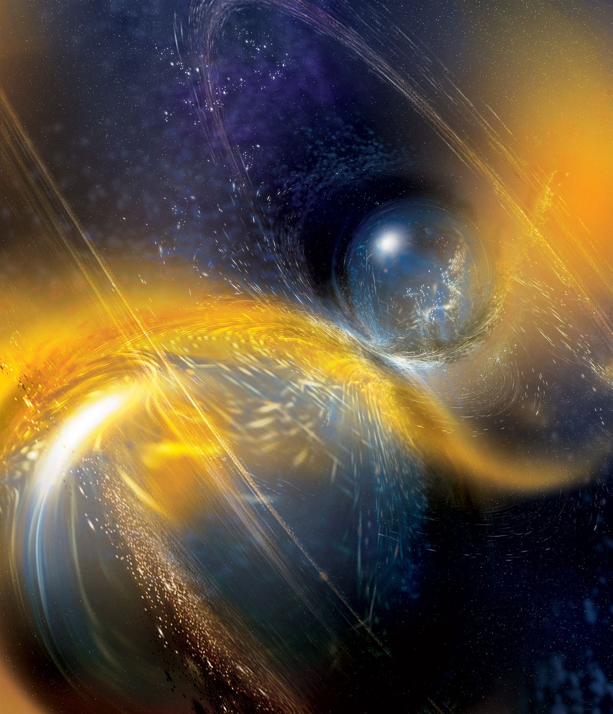 Artist&#039;s rendition of a binary neutron star merger.