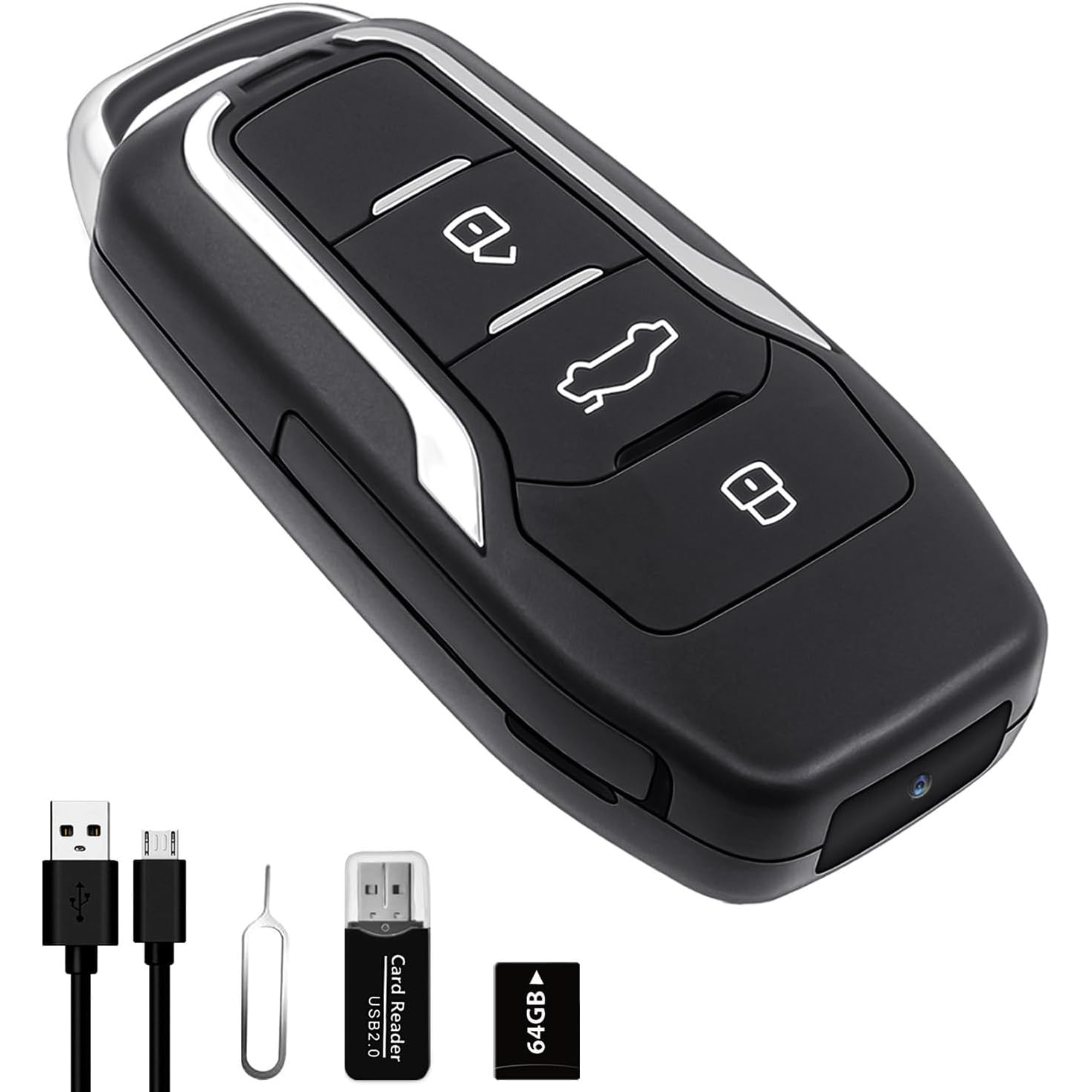 Car Key Camera shown with accessories including USB-C cable and micro SD card