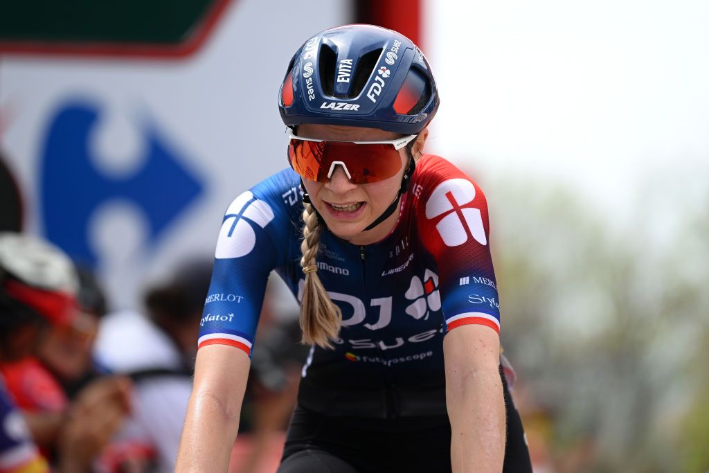 MIRADOR DE PEAS LLANAS SPAIN MAY 05 Evita Muzic of France and Team FDJSuez crosses the finish line during the 9th La Vuelta Femenina 2023 Stage 5 a 1292km stage from La Cabrera to Mirador de Peas Llanas 1479m UCIWWT on May 05 2023 in Mirador de Peas Llanas Spain Photo by Dario BelingheriGetty Images