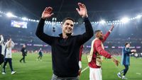Mikel Arteta celebrates Arsenal's Champions League win over Atletico Madrid