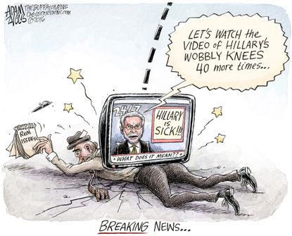 Political cartoon U.S. 2016 election Hillary Clinton sick breaking news