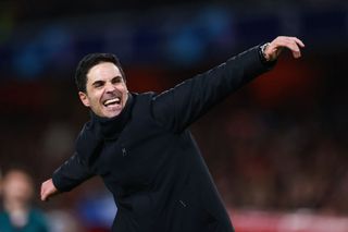 Arsenal manager Mikel Arteta celebrates during the UEFA Champions League 2023/24 round of 16 second leg match between Arsenal FC and FC Porto at Emirates Stadium on March 12, 2024 in London, England.