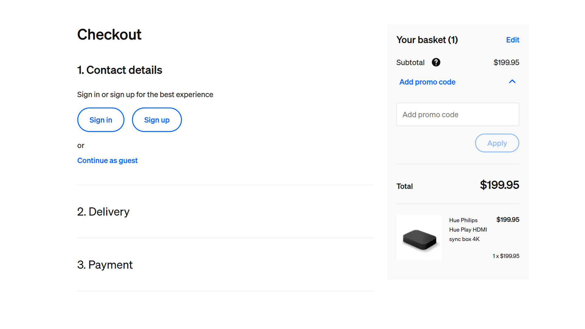 Screenshot showing the Philips Hue checkout and promo codes section