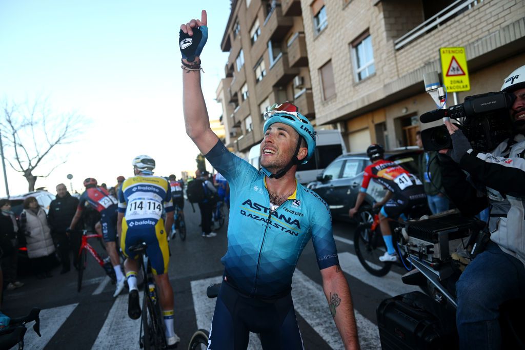 SAGUNTO SPAIN FEBRUARY 03 Simone Velasco of Italy and Astana Qazaqstan Team celebrates at finish line as stage winner during the 74th Volta a la Comunitat Valenciana 2023 Stage 3 a 1451km stage from Btera to Sagunto VCV2023 VoltaValenciana on February 03 2023 in Sagunto Spain Photo by Dario BelingheriGetty Images