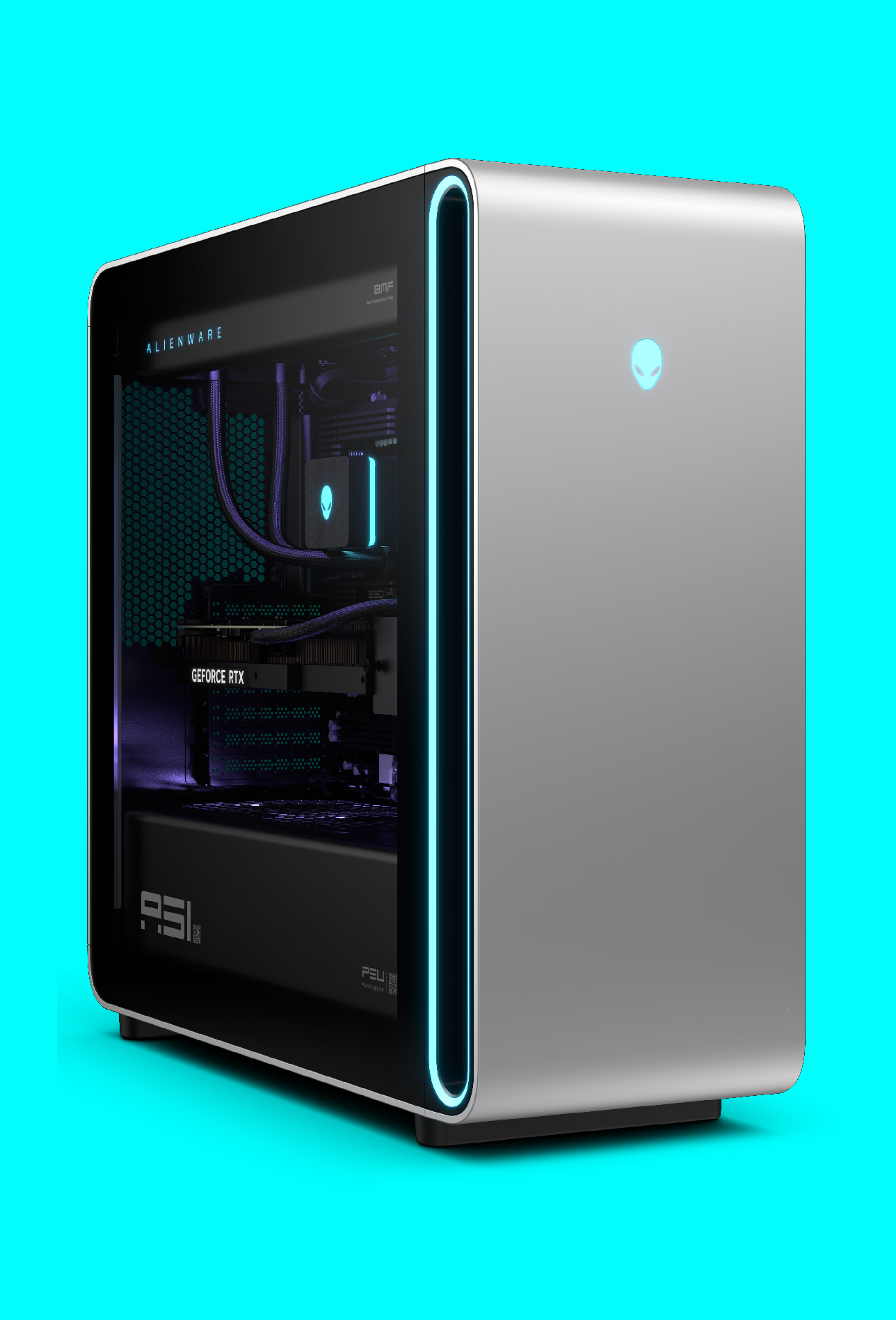 An Alienware Area-51 gaming PC on a light blue background.