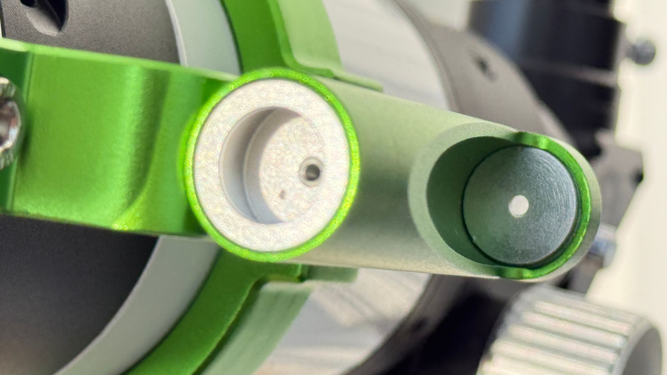 Close-up of the solar finder attached to the Sky-Watcher Heliostar 76mm H-alpha solar telescope.