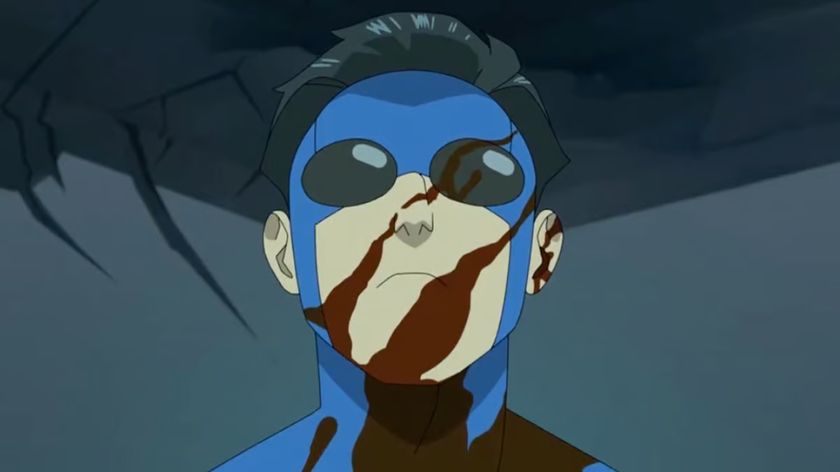 Mark Grayson with blood on his face and costume in Invincible season 3