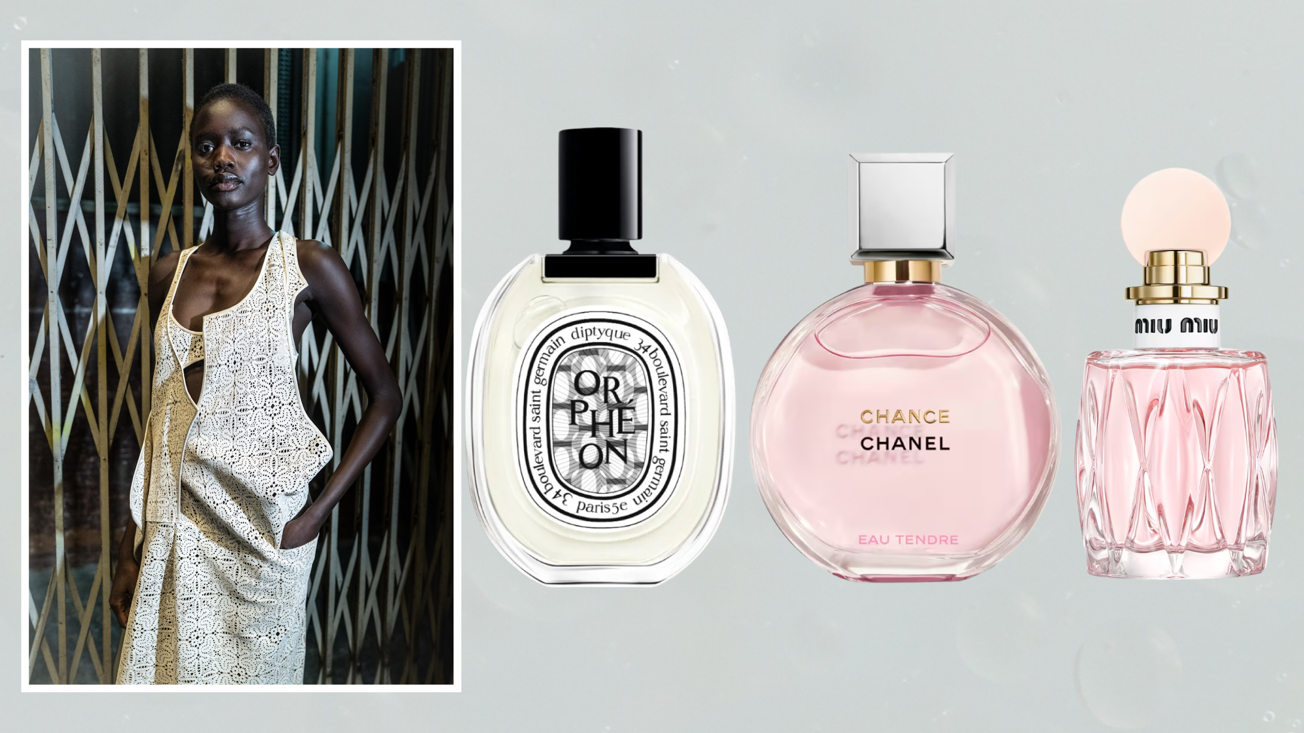 A woman in a white two-piece set next to three bottles of eau de toilette perfumes in glass bottles