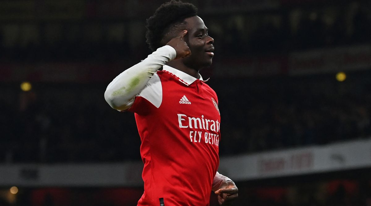 Bukayo Saka of Arsenal celebrates after scoring his team&#039;s second goal during the Premier League match between Arsenal and Manchester United on 22 January, 2023 at the Emirates Stadium in London, United Kingdom.